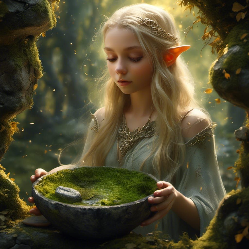 Elven Oracle Scrying in a Stone Garden