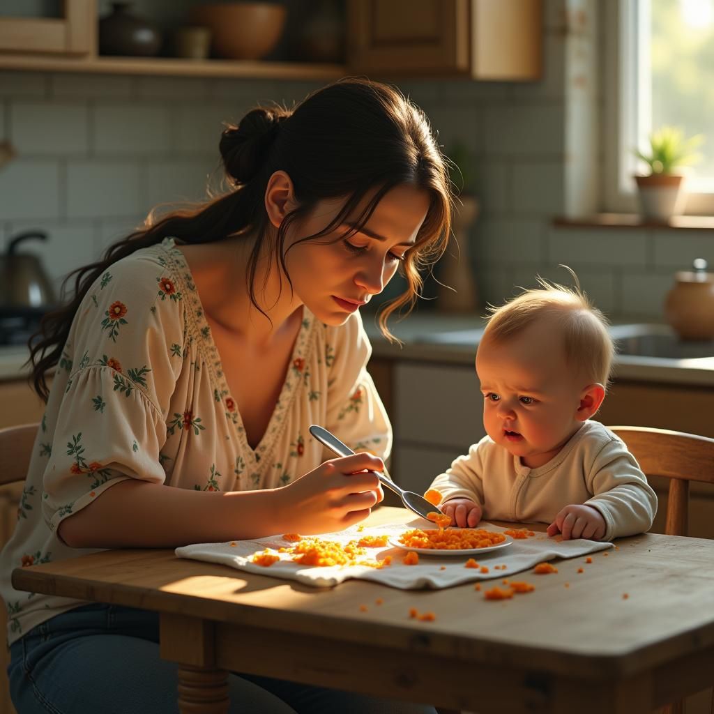 Mother Feeding Baby Carrot Puree, Fairy Tale Style