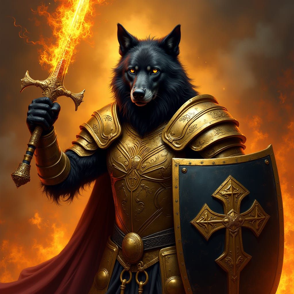 Majestic Black Wolf in Gold Armour, Holding Flaming Sword an...