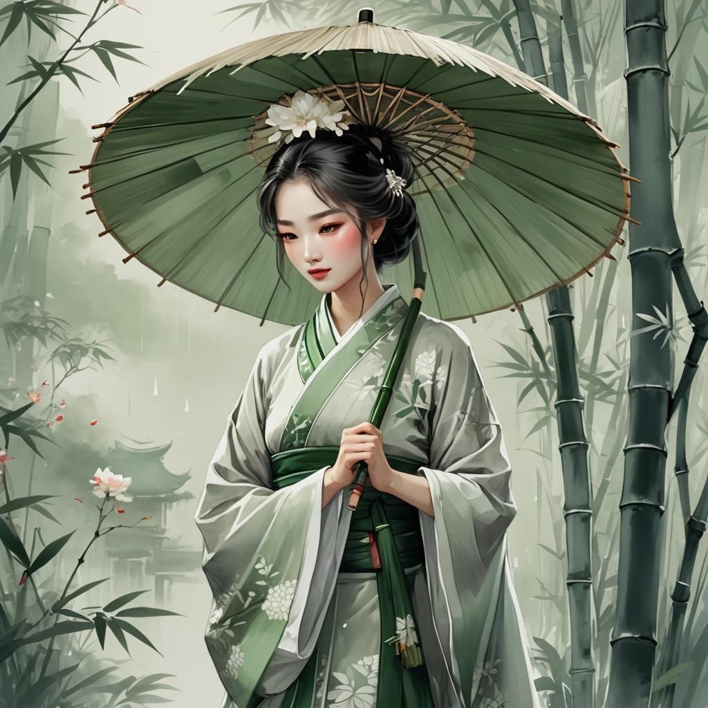 Woman with Bamboo Umbrella in Romantic Manga Style
