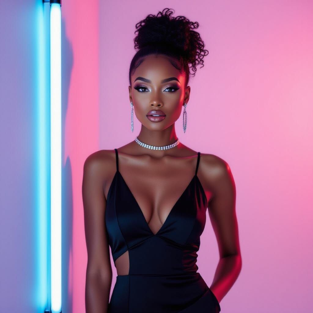 Elegant Woman in Black Dress with Neon Lighting