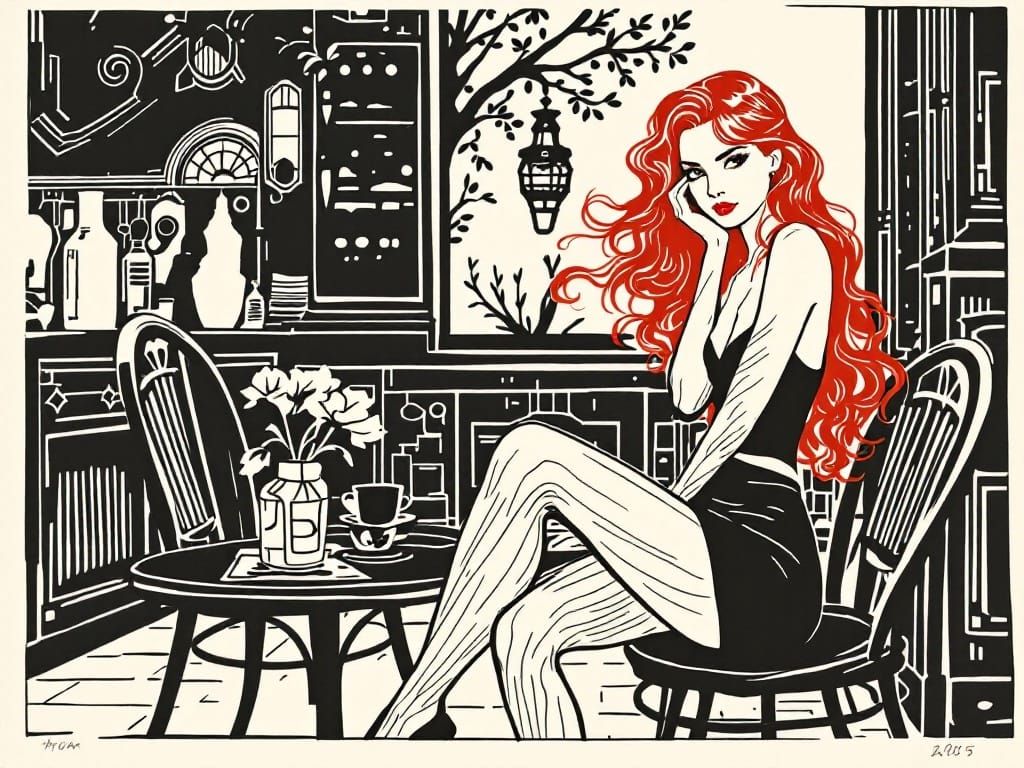 Elegant Woman in Red Hair, Woodblock Print Fusion