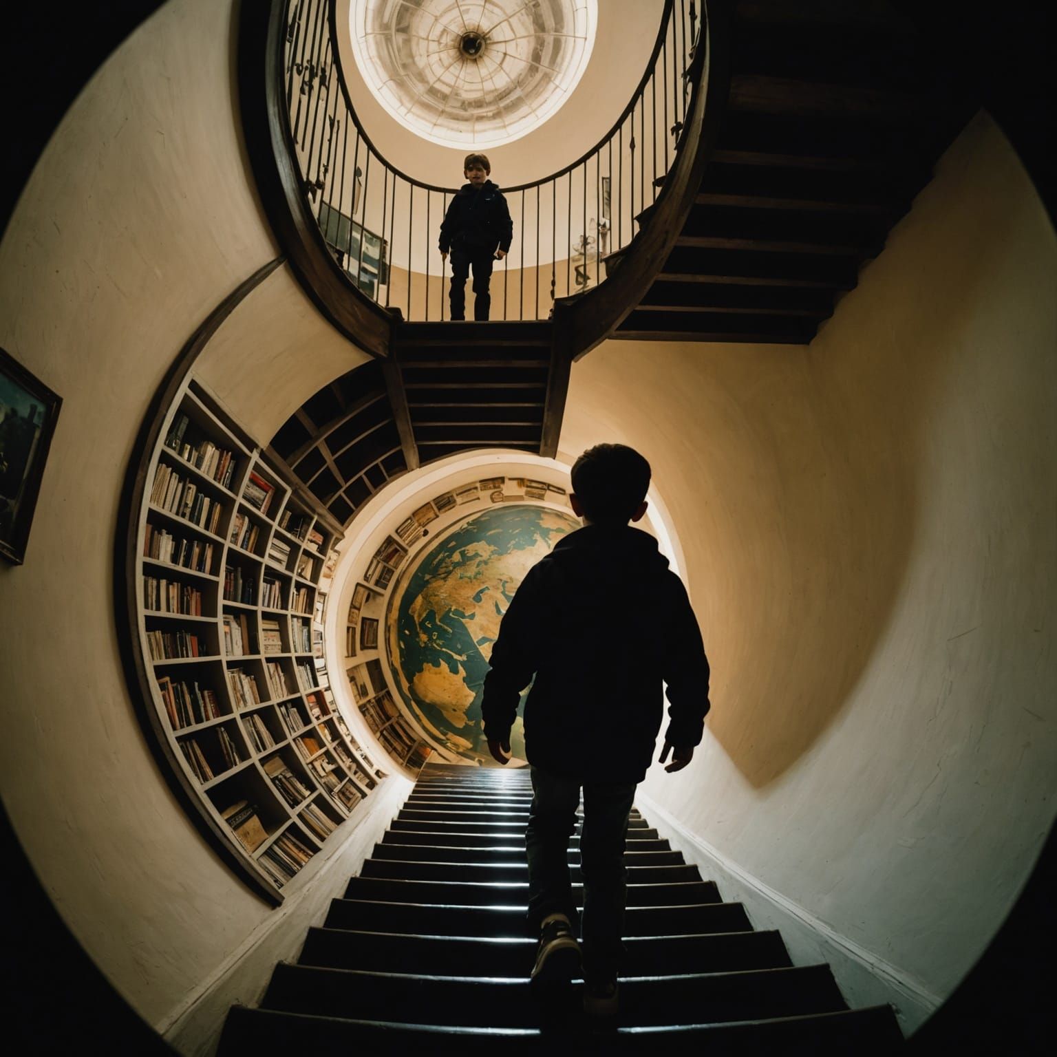 Fish-Eye View of Boy on Globe, Hitchcock Lighting