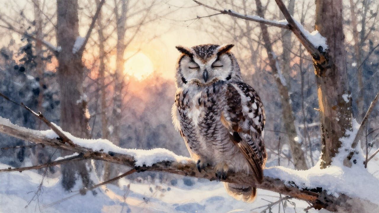 Dozing Owl in Snowy Forest at Dawn
