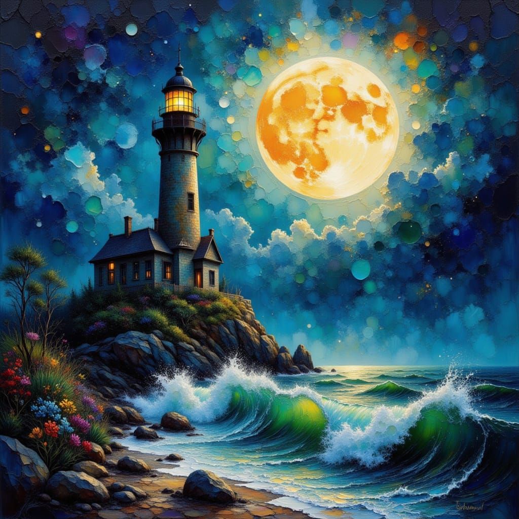 Lighthouse Under Moon in Detailed Oil Paint Style