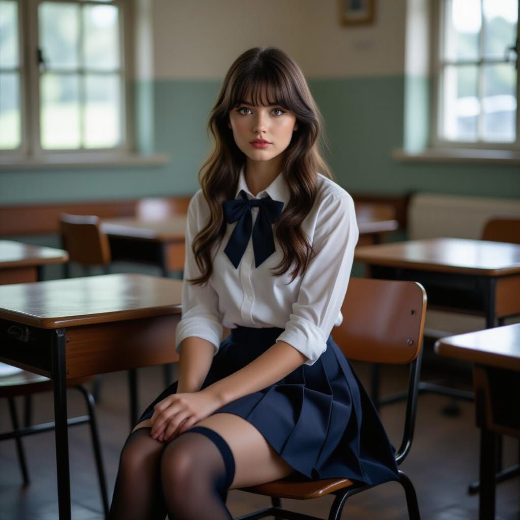Thoughtful Schoolgirl Poses on Desk in Cinematic Lighting