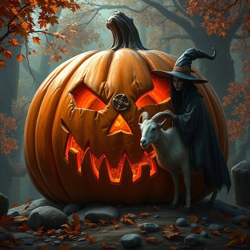 Epic Carved Pumpkin with Witch and Goat