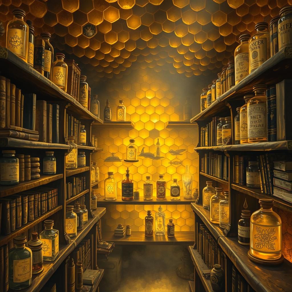 Mystical Potions in Honeycomb Beehive, Dreamlike Art