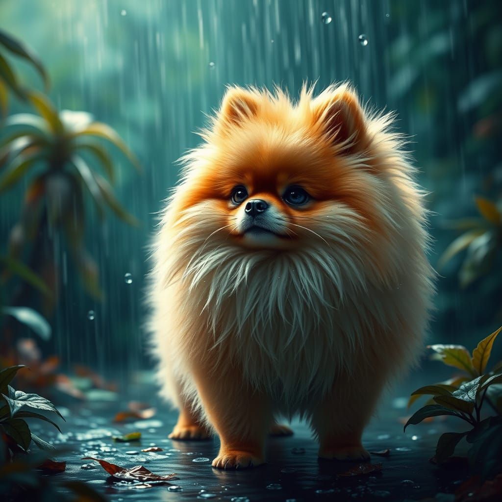 Majestic Pomeranian in Whimsical Rainy Scene