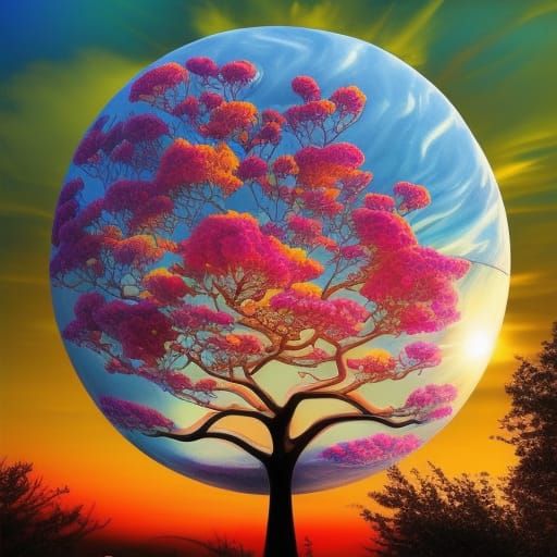 Summer World Tree at Sunset: 3D Surreal Art