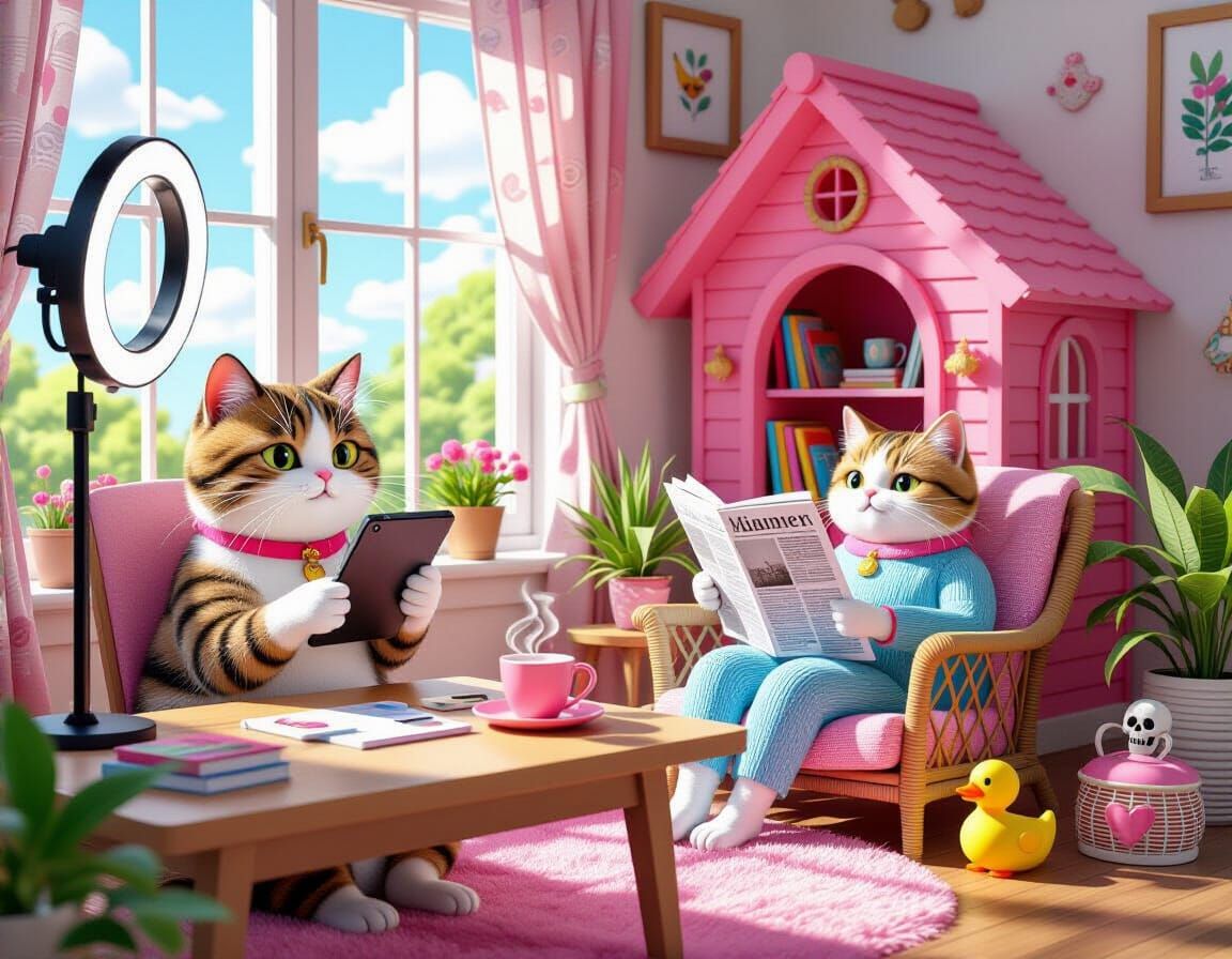 Cats as Generations in Pink Whimsical Treehouse