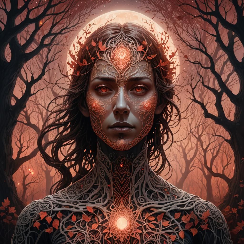 Eldritch Autumn Moon Fantasy Portrait in Ink Wash Style