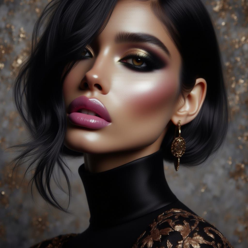 Proud Woman Portrait with Pink Lip Gloss in Studio Lighting