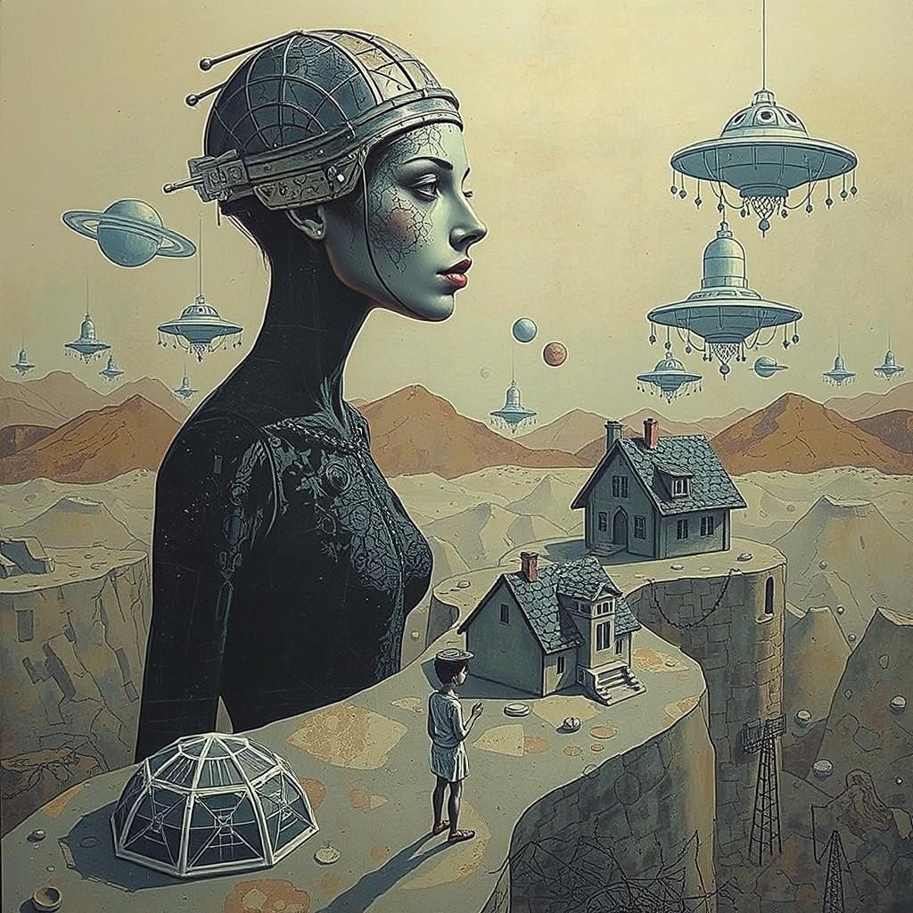 Surreal Giantess Observes Dreamlike Landscape Collage