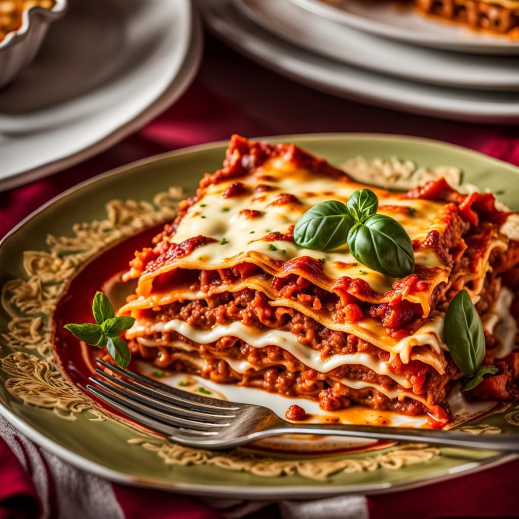 Delicious Lasagna on Vibrant Plate: Abstract Art