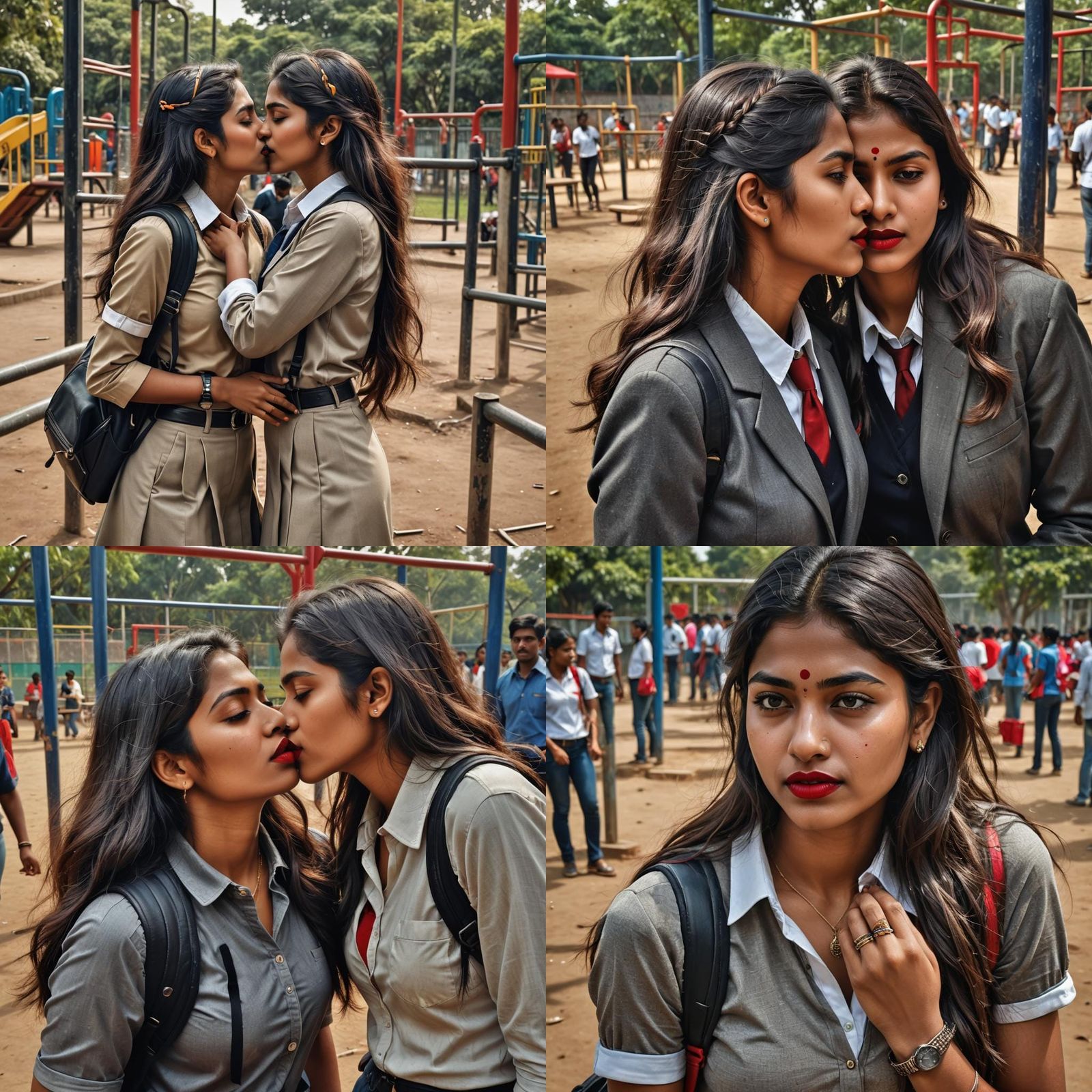 Indian Schoolgirls Kissing: Hyperrealistic Playground Scene
