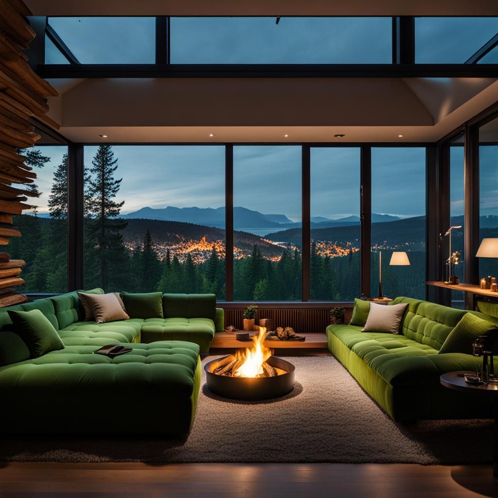 Cozy Bedroom with Night View and Green Sofas