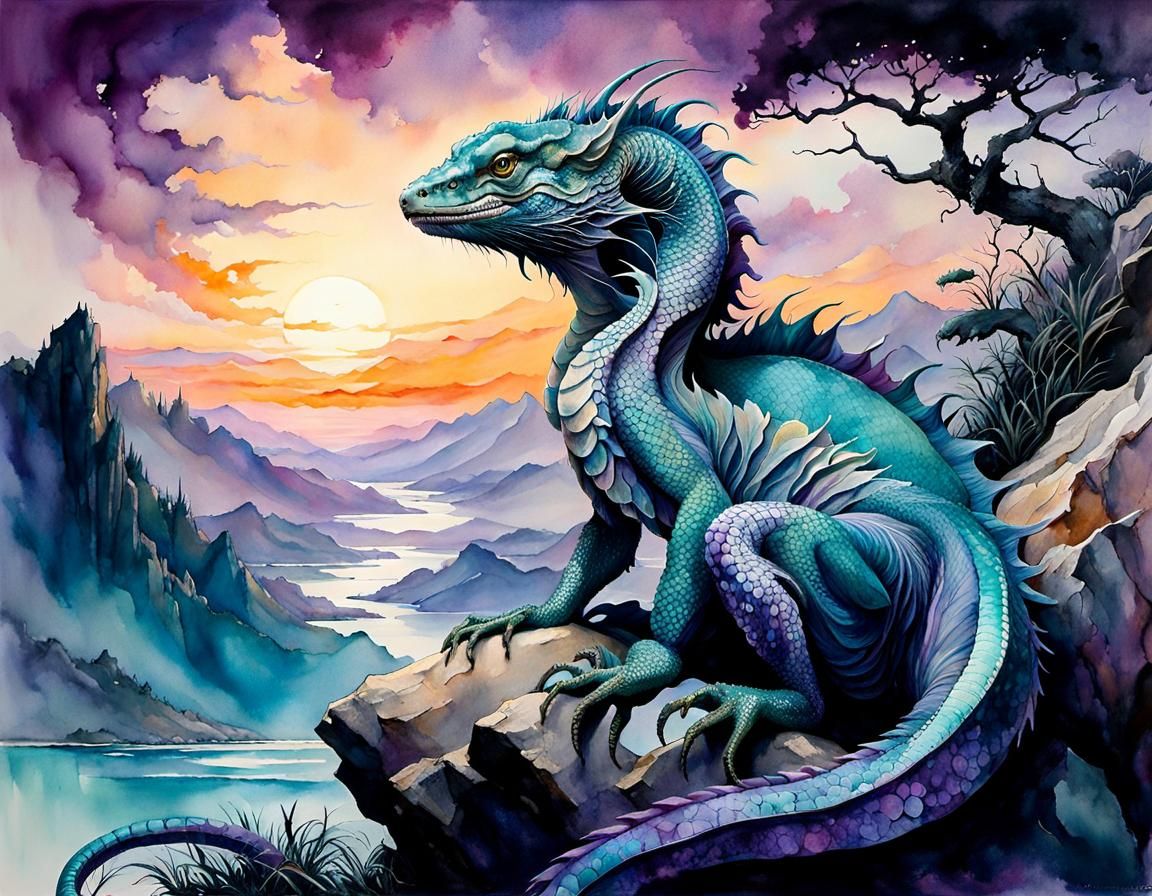 Violet Basilisk Sunset Watercolor Painting