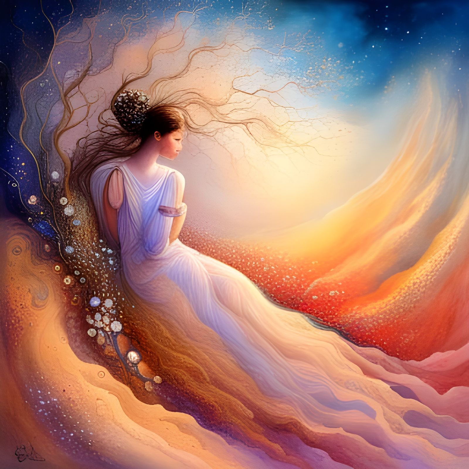 Sand Goddess in Boulet Art Style with Fractal Blossoms