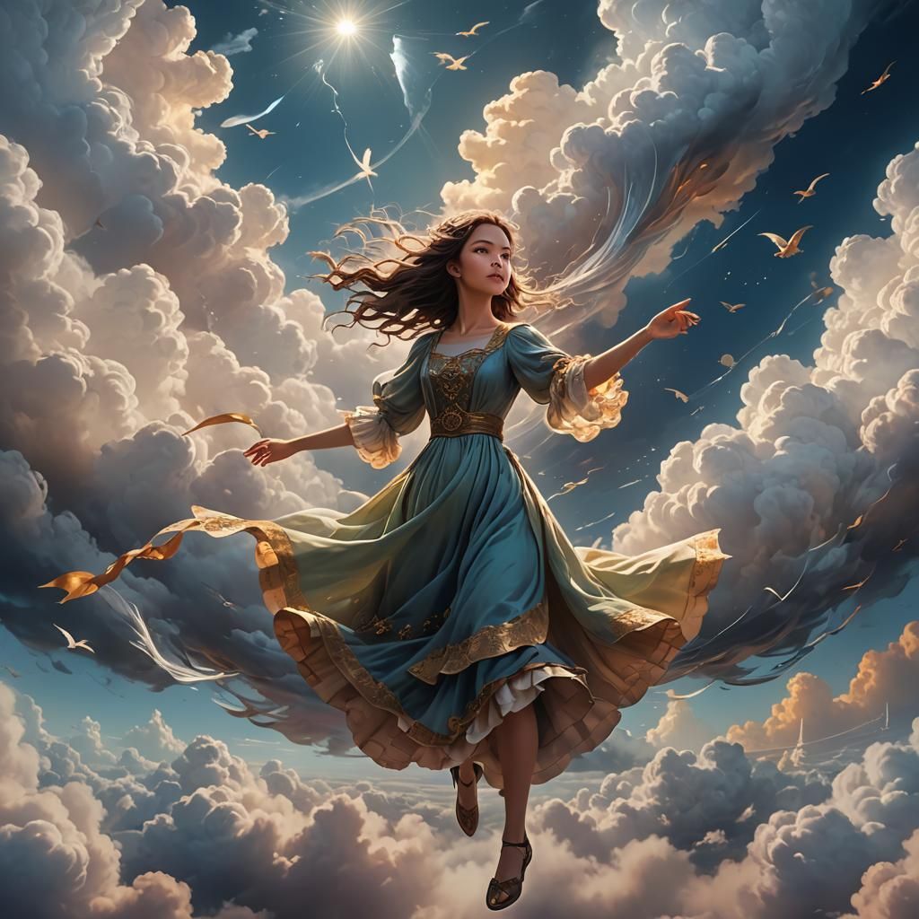 Ethereal Girl Navigating Clouds: Fantasy Concept Art