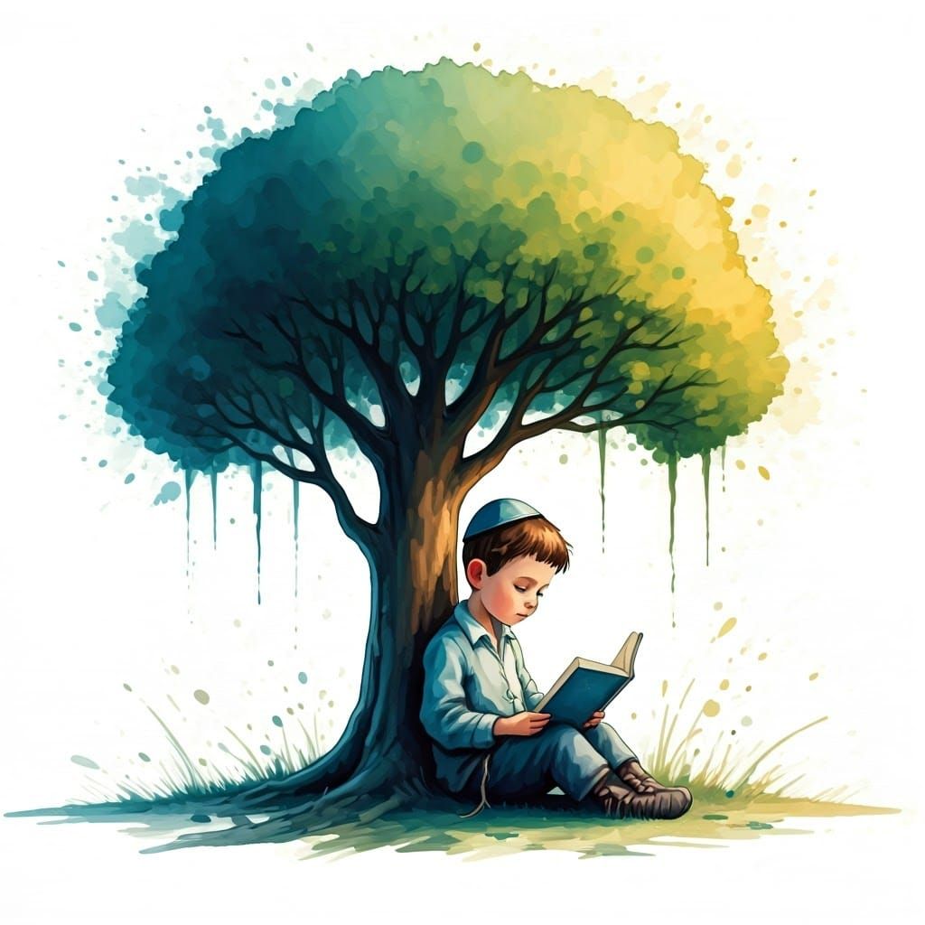 Surreal Haredi Boy Reads Under Tree in Whimsical Watercolor ...