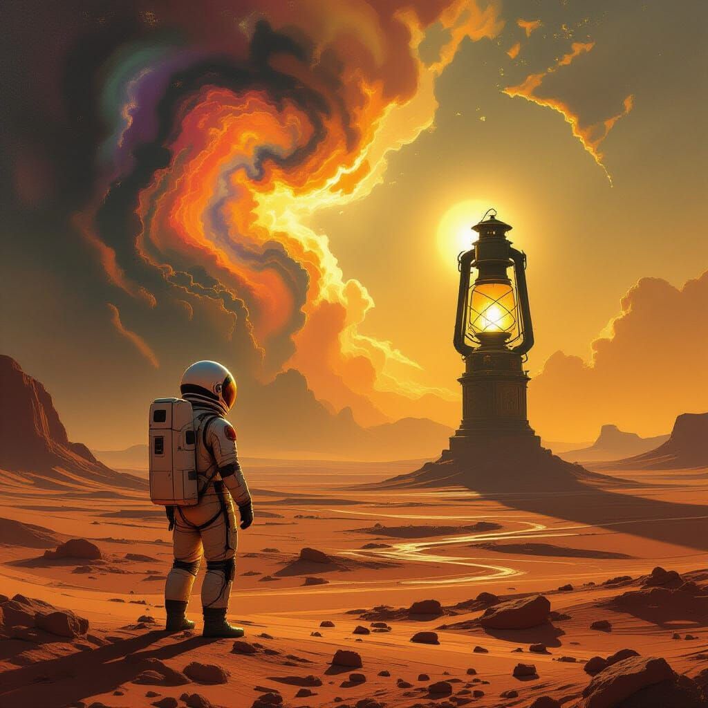 Astronaut on Alien Planet with Giant Lantern in Golden Hour