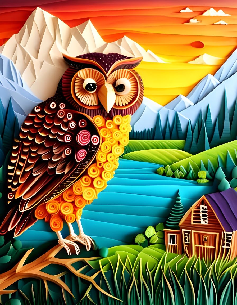 Quilled Origami Barn Owl in Utopian Dreamscape