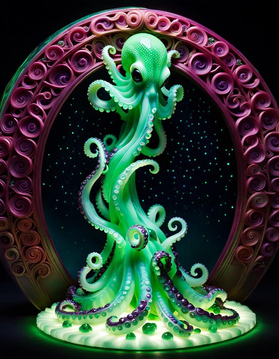 Gemstone Octopus Sculpture in Art Nouveau Style