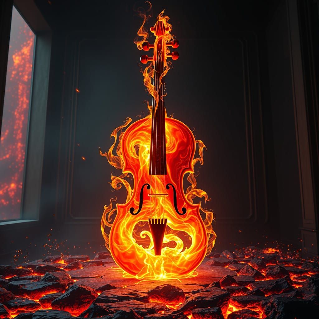 Magnificent Fire Violin Radiates Intense Heat in Fiery Room