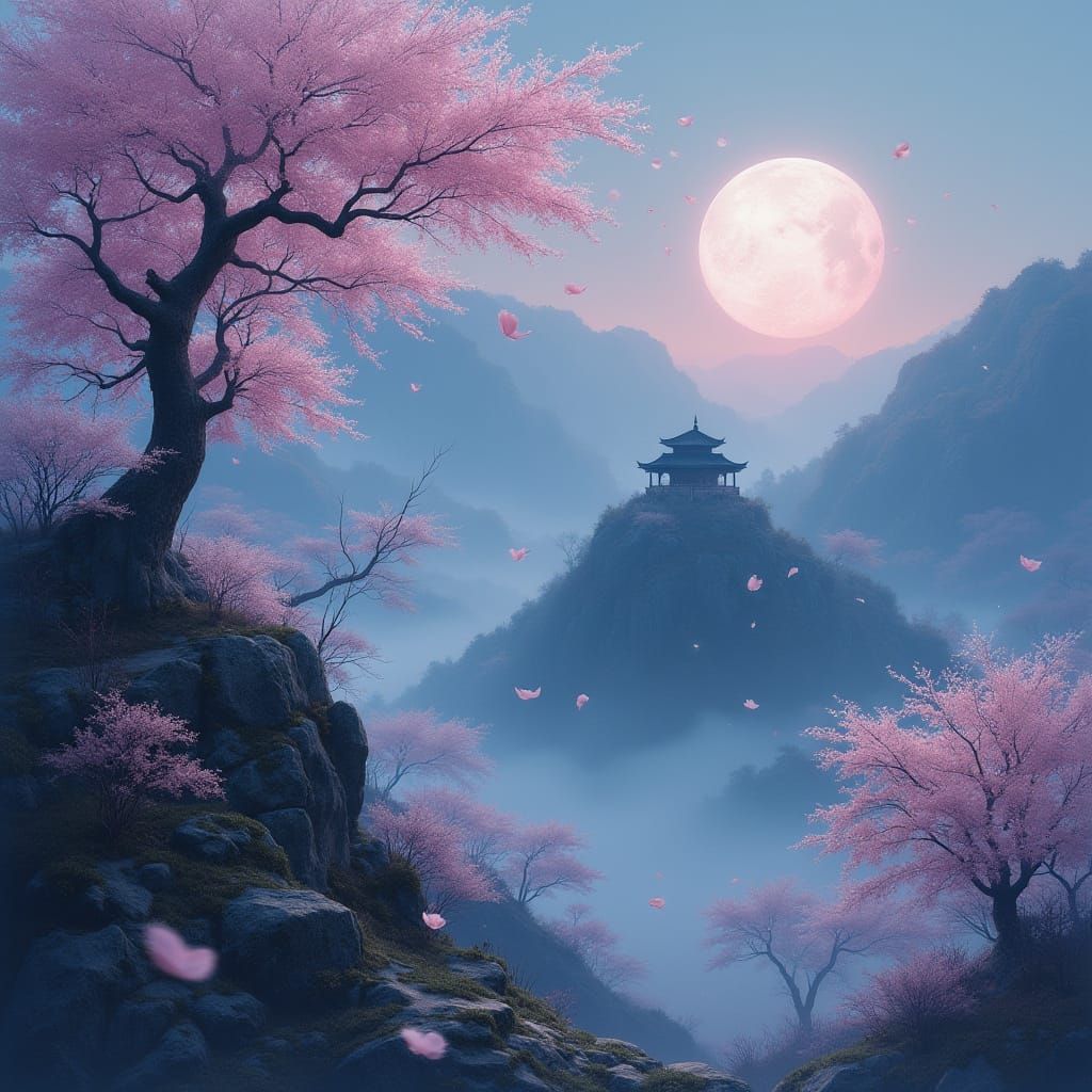 Ethereal Cherry Blossom Temple at Dusk