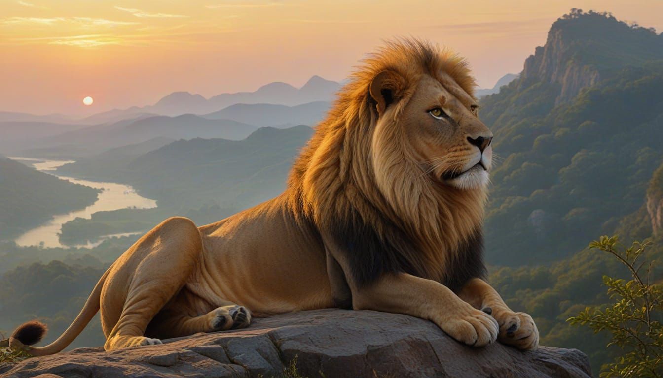 Golden Lion Overlooking Misty Valley as Oil Painting