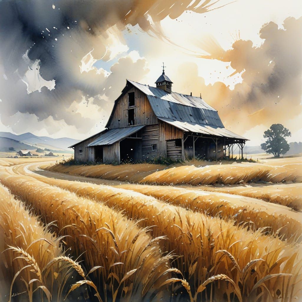 Rustic Barn Amid Golden Wheat Fields, Watercolour Art