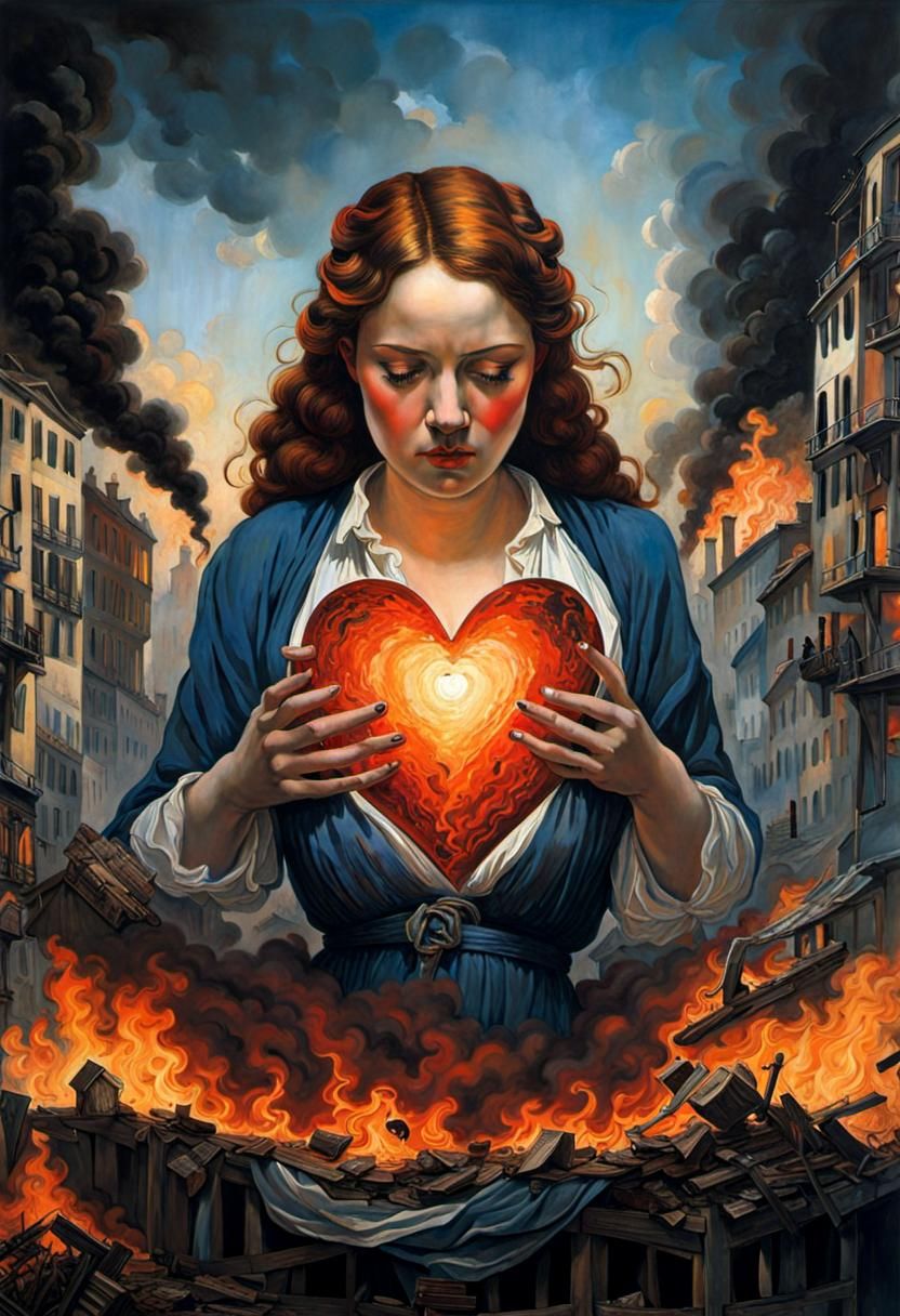 Distraught Woman's Heart in European Ink Print Style