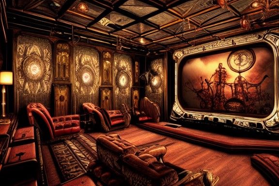 Steampunk Cinema Interior in Eclectic-Maximalist Style