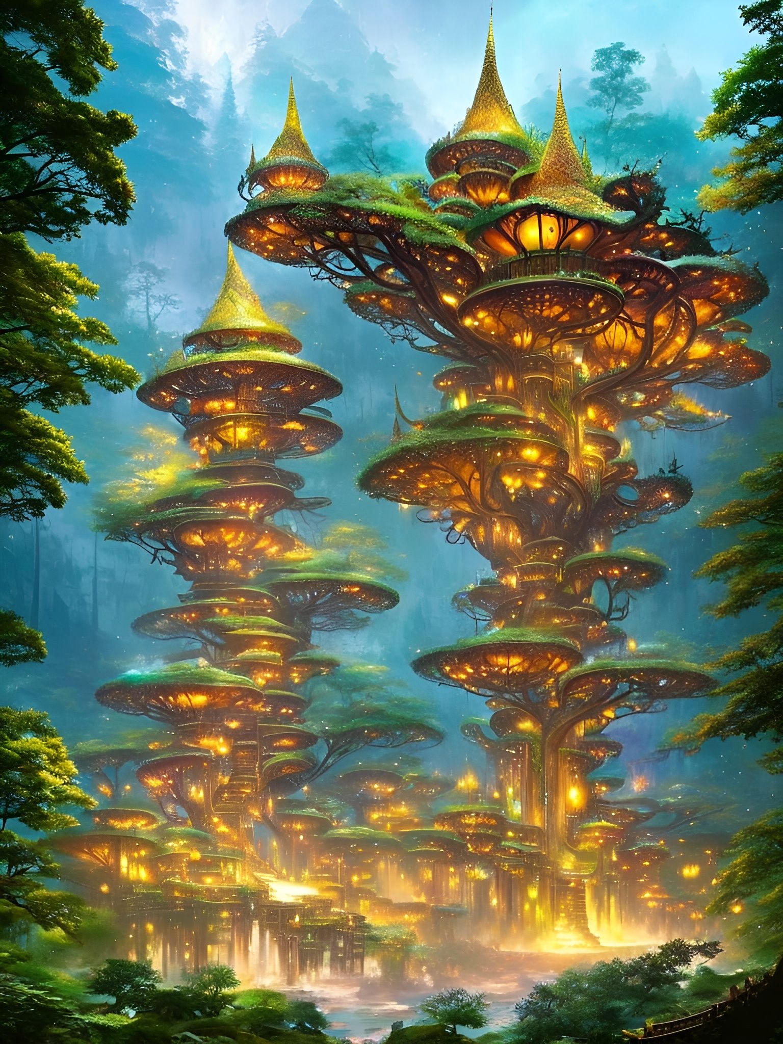 Enchanting Elven Temple Treehouse with Waterfalls