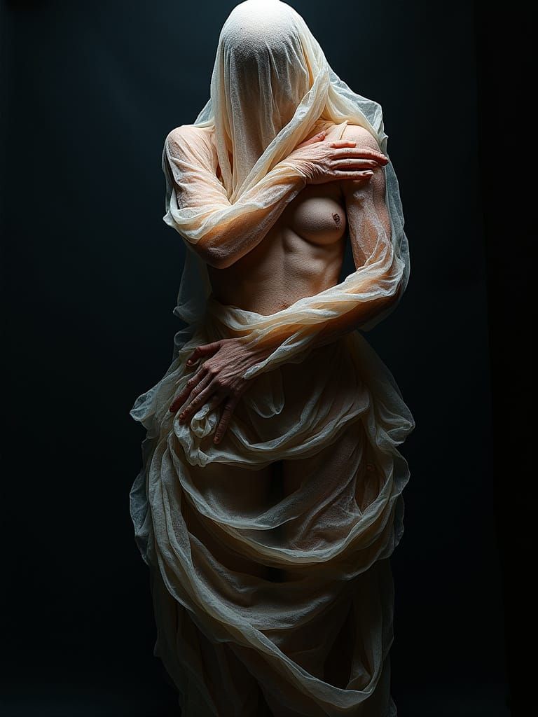 Ethereal Figure Wrapped in Twisted Fabric, in Polychromatic ...