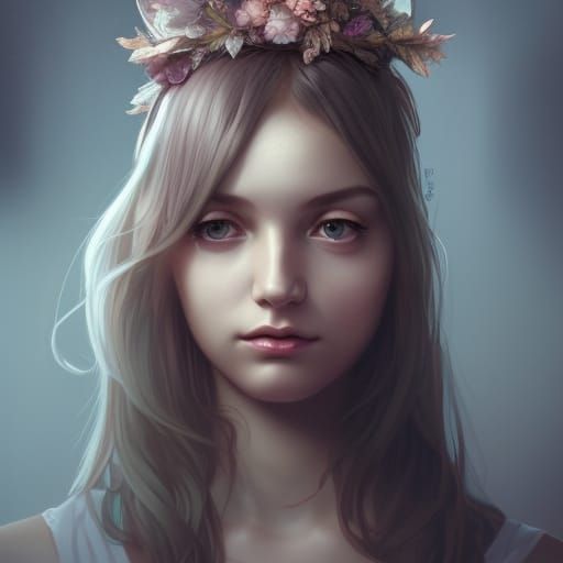 Egirl Portrait with Heather Crown in Hyperdetailed Style