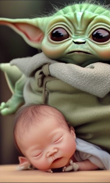 Hyperrealistic Baby Yoda with its Baby