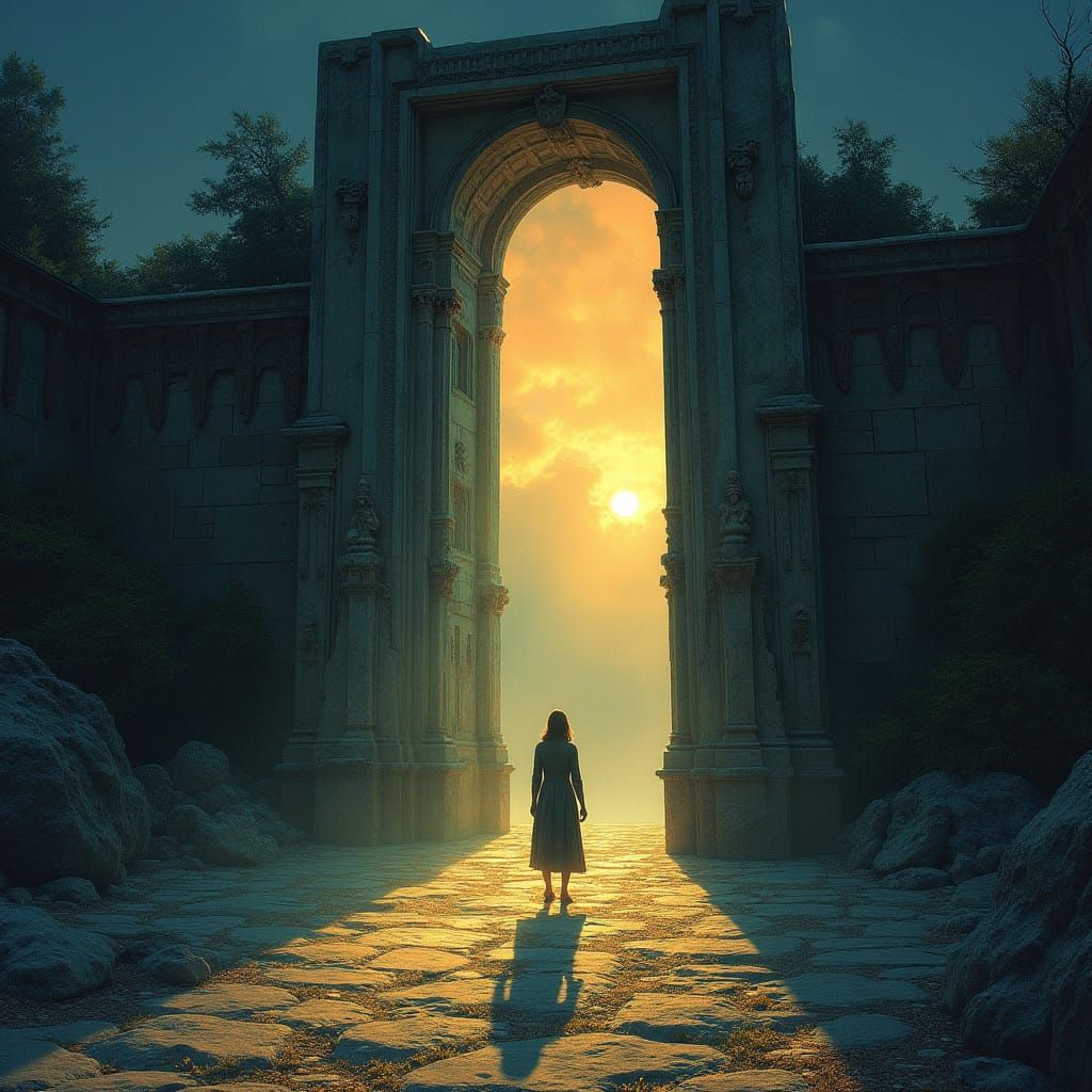 Romantic Dawn Gateway, Symbolist Masterpiece, Vibrant Colors...