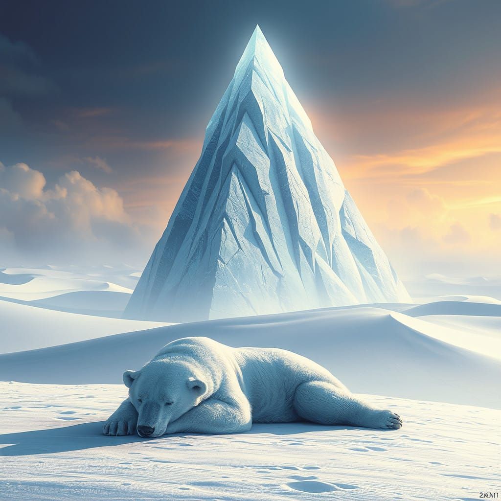 Surreal Ice Bear Slumbers Amidst Crystal Pyramid in Frosty S...