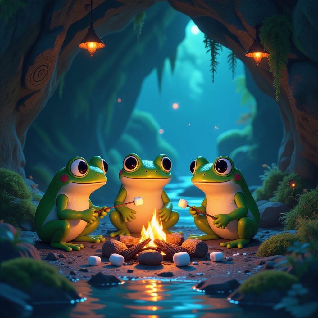 Cartoon Frogs Roasting Marshmallows in Bioluminescent Cave