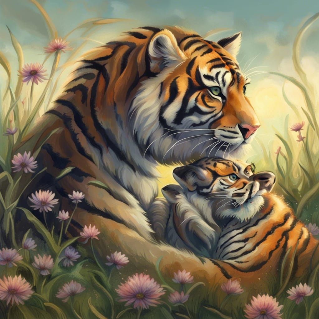 Frolicsome Tiger Cubs Discover Luminous Blue Asters