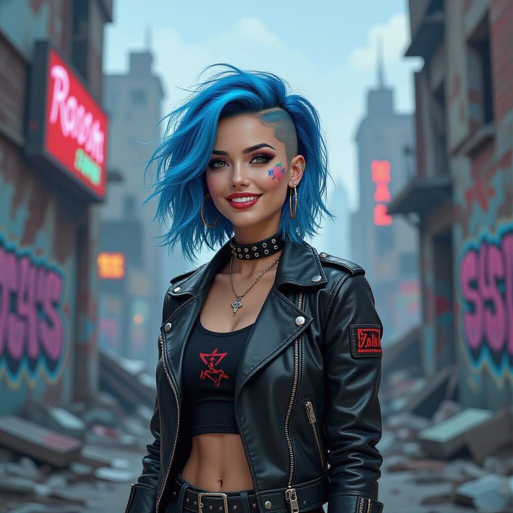 Punk Woman in Retro-Futuristic City Ruins