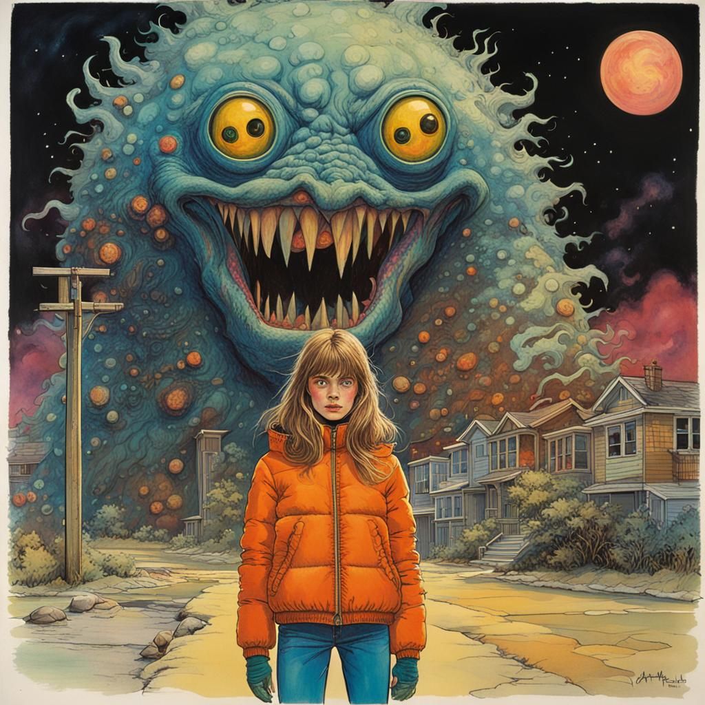 Teenage Girl and Cosmic Monster in 1970s Style