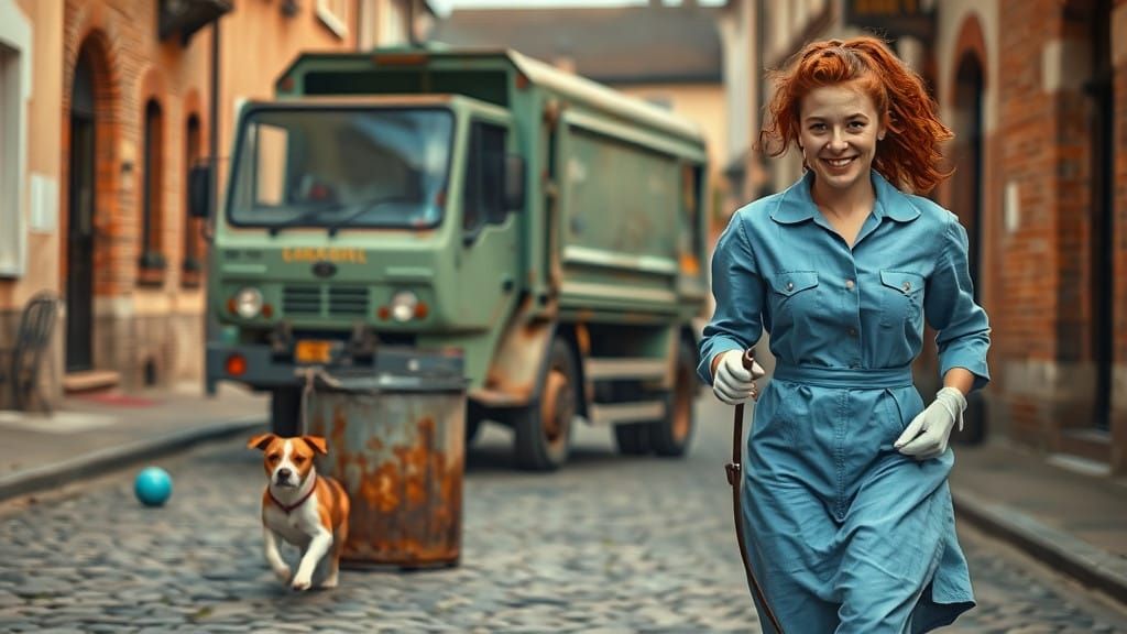 Warmly Lit Garbage Collector's Scene in 1960s German Town