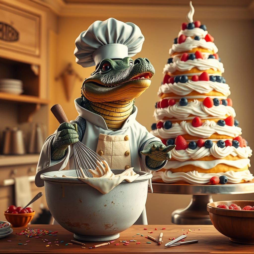 Cheerful Alligator Whisks Cake Batter in Chief's Coat, Besid...