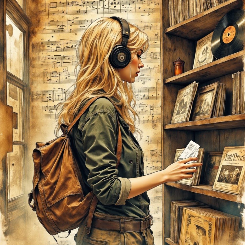 Woman Listening to Music in Watercolor Woodcut Style