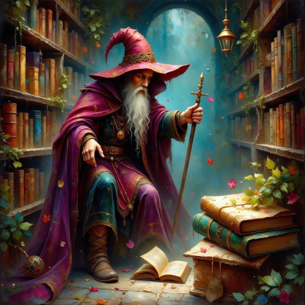 Magician's Apprentice in Mystical Library, Art Nouveau