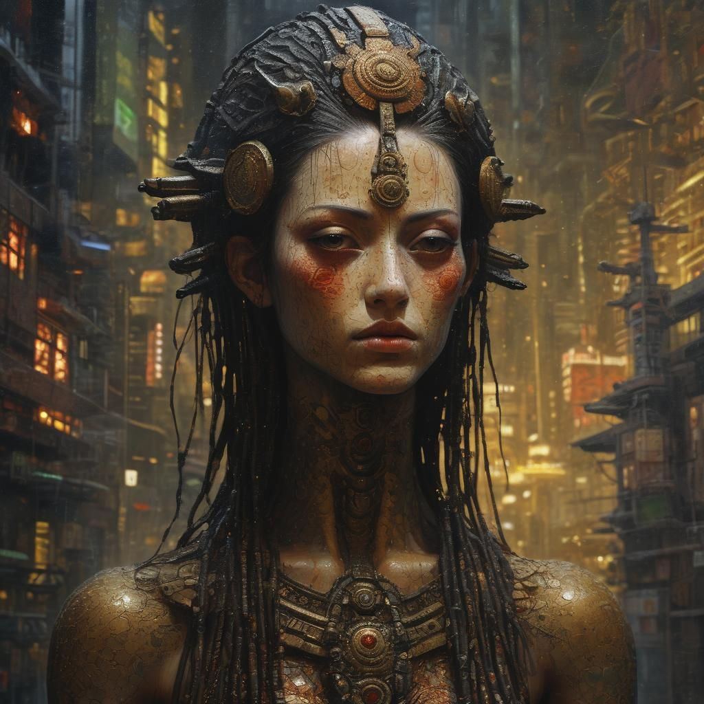 Anunnaki Deity Rules Tokyo: Pointillism Oil Painting