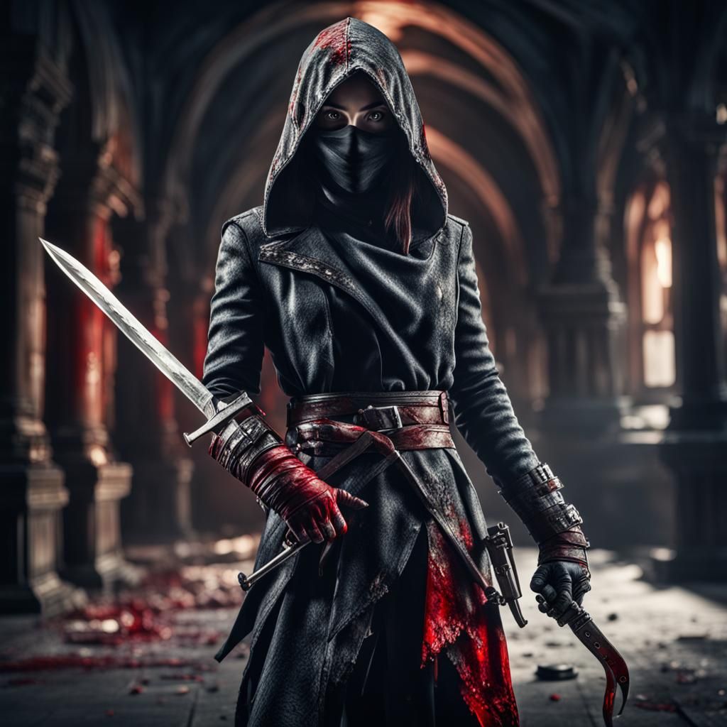 Hyperrealistic Female Assassin with Bloody Knife